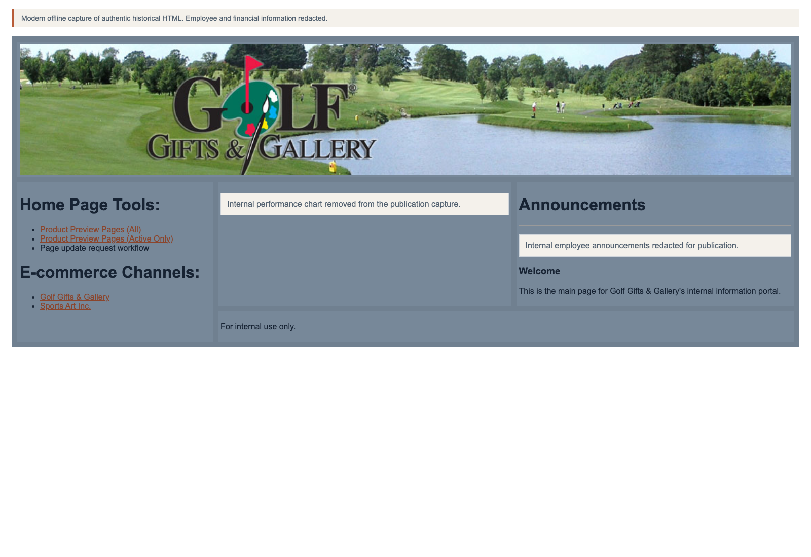 Modern offline capture of the historical Golf Gifts & Gallery internal portal homepage