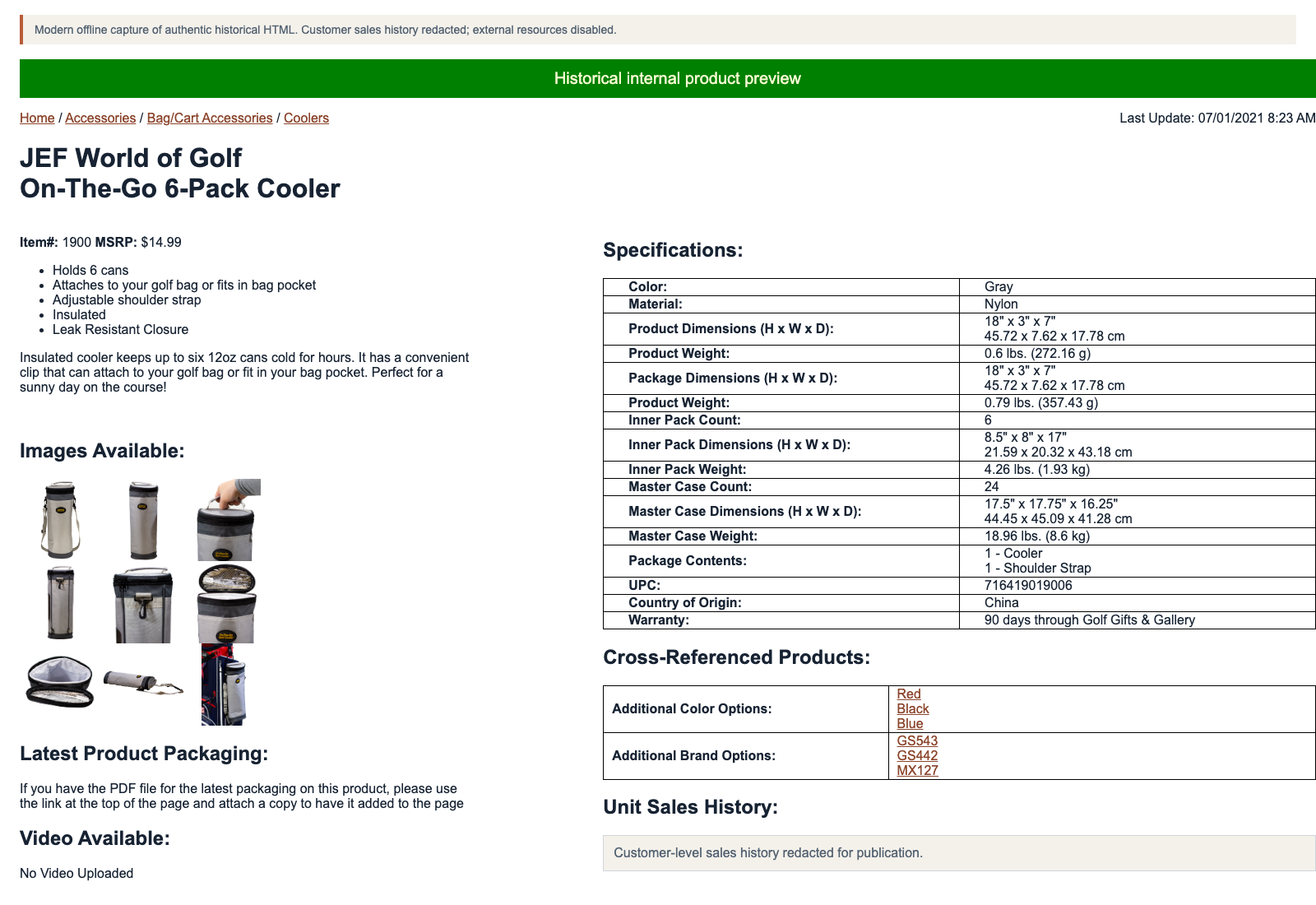 Modern offline capture of the 1900 On-The-Go Cooler internal product page with images, specifications, and related variants