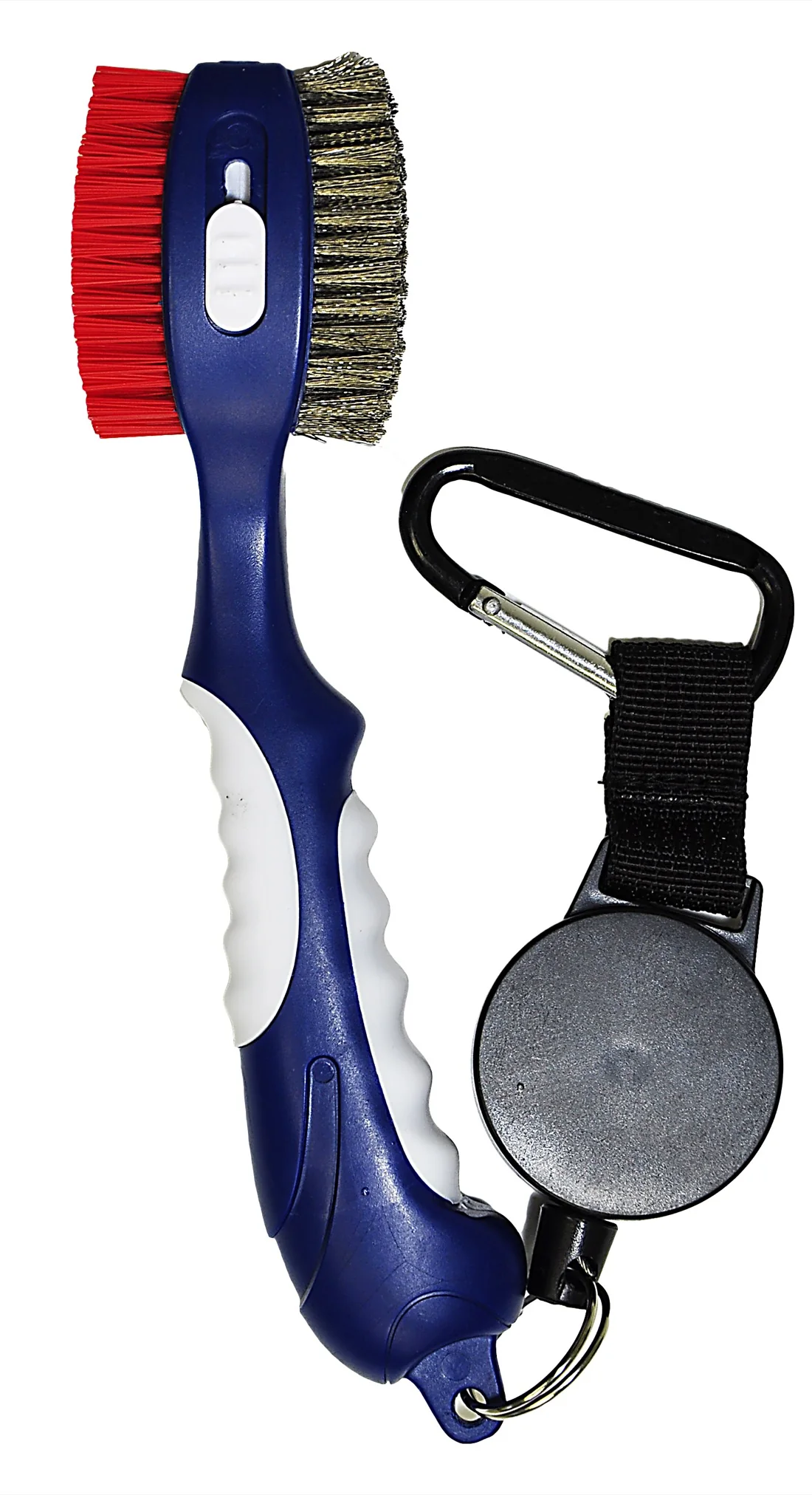 Blue and white MEGA golf club brush with retractable clip