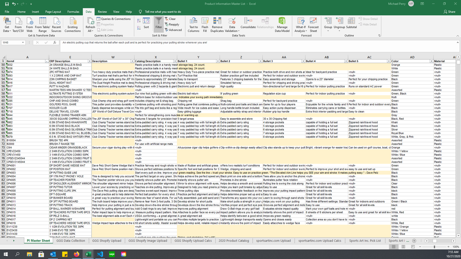 Product Information Master List showing structured descriptions, taxonomy, features, colors, and materials