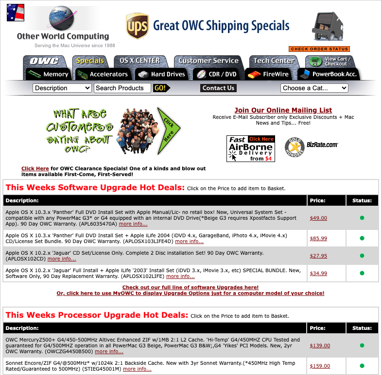 Historical OWC online storefront from 2004