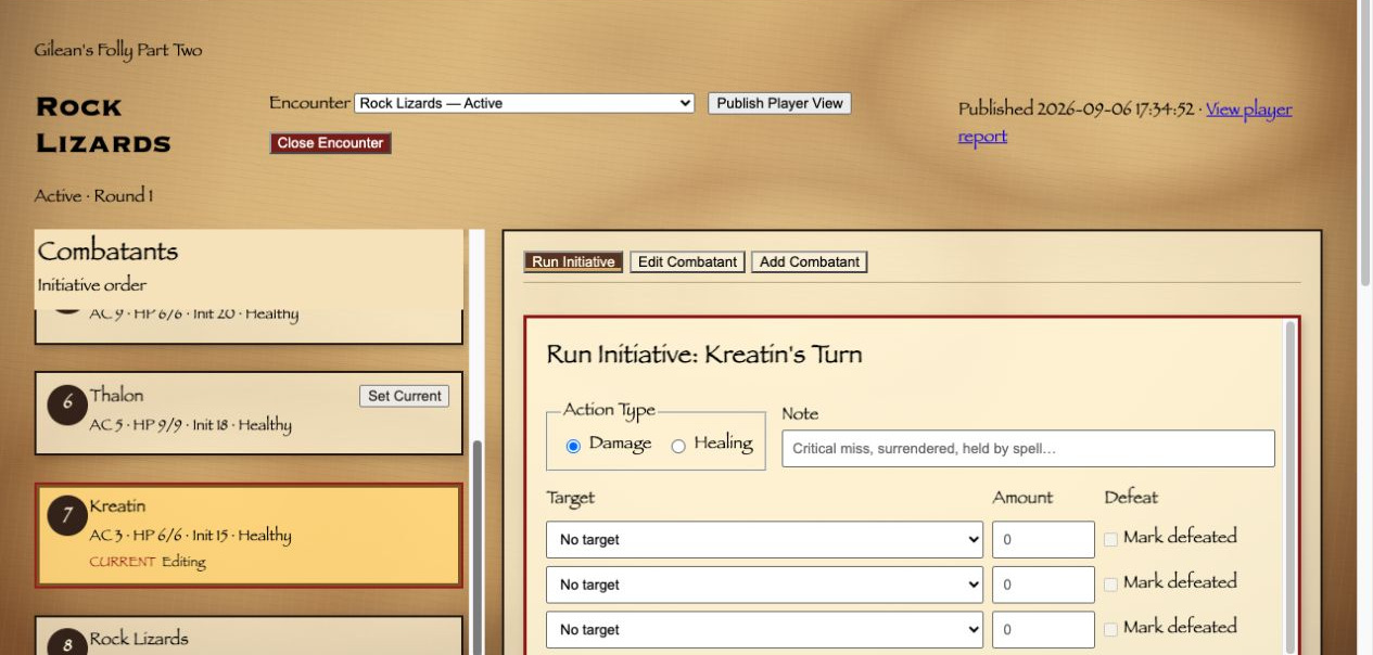 PC Relics Initiative workspace showing ordered participants beside controls for recording an action and advancing the current turn